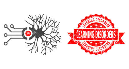 Network digital neural connection icon, and learning disorders rubber ribbon seal imitation. red seal contains learning disorders caption inside ribbon. Stock Photo