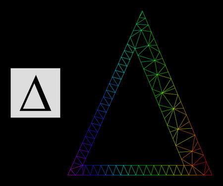 Spectral gradient mesh delta letter icon. geometric carcass 2d network is based on delta letter icon, generated with triangular mesh carcass, with spectral gradient.