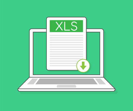 Download xls button on laptop screen. downloading document concept. file with xls label and down arrow sign. vector illustration Download xls button on laptop screen. downloading document concept. file with xls label and down arrow sign. vector illustration