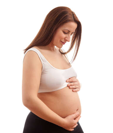 Happy Smiling Lady Mom Holding Belly Stock Photo Happy Smiling Lady Mom Holding Belly Stock Photo
