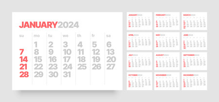 Monthly calendar template for 2024 year wall calendar in a minimalist style week starts on sunday