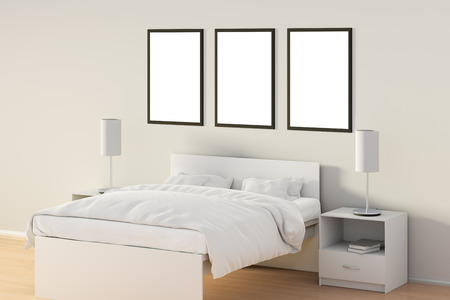Drie Lege Verticale Posters In Slaapkamer Over Houten Bed ... Drie Lege Verticale Posters In Slaapkamer Over Houten Bed ...
