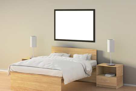 Drie Lege Verticale Posters In Slaapkamer Over Houten Bed ... Drie Lege Verticale Posters In Slaapkamer Over Houten Bed ...