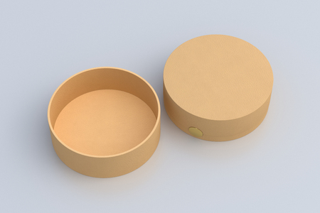 白い背景に開閉された2つのベージュの革の丸い箱 3dイラストレーション の写真素材 画像素材 Image