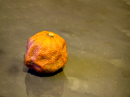 The old wrinkled stale overripe mandarin. rotten black stone dish background. top view. free copy space. citrus fruit is rotten. copy space. close-up