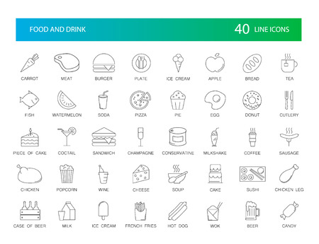 線のアイコンが設定されます 食べ物と飲み物パック ベクトルのイラストのイラスト素材 ベクタ Image