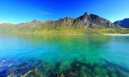 エメラルドの水とノルウェー海 ロウン パイン島 Ersfjord ビーチで有名な場所 夏の晴れた日の美しいノルウェーの自然 の写真素材 画像素材 Image