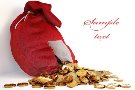 Bag of gold coins: pile of gold coins spill out of the red bag with a patch. with clipping path