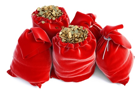 Bag of gold coins: red bags full of golden coins. isolated on white. Kho ảnh