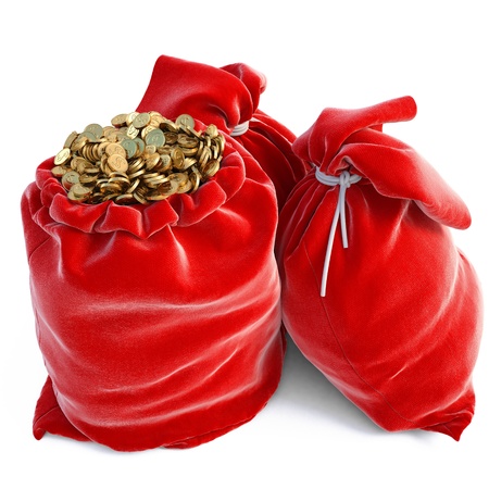 Bag of gold coins: túi đỏ đầy đủ của tiền xu vàng. bị cô lập trên nền trắng.