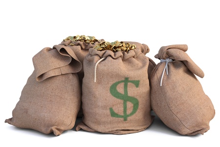Bag of gold coins: bags with golden coins. isolated on white. Kho ảnh