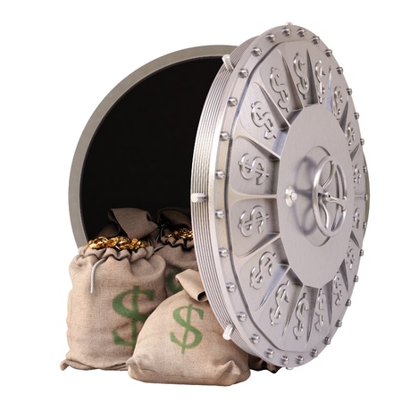 Bag of gold coins: mở một kho tiền ngân hàng với túi tiền vàng. cô lập trên trắng.