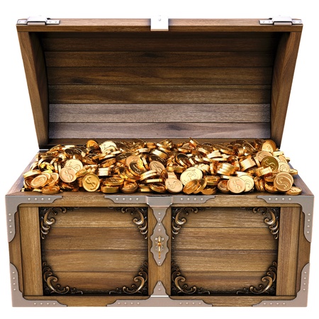 Gold coin: ngực bằng gỗ cũ với đồng tiền vàng. bị cô lập trên một nền trắng. Kho ảnh