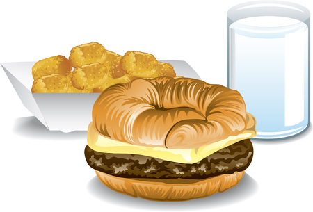 Illustration Of A Fast Food Breakfast With Croissant Sandwich Tater Tots And Milk Stock Illustration Of A Fast Food Breakfast With Croissant Sandwich Tater Tots And Milk Stock