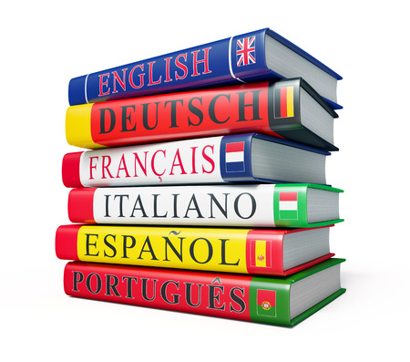 Foreign language study concept background - stack of dictionaries isolated on white background Stock Photo