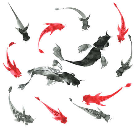 水墨画 魚と海産物 手描き - 絵画