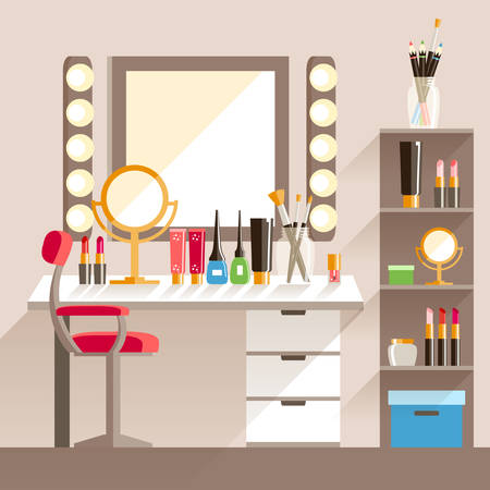 Vector flat makeup workers workplace. mirror, decorative cosmet ... Cosmet