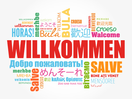 Willkommen, welcome in german, word cloud in different languages, conceptual background