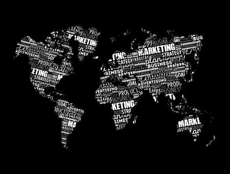 Marketing word cloud in shape of world map, business concept background Stock Photo Marketing word cloud in shape of world map, business concept background Stock Photo