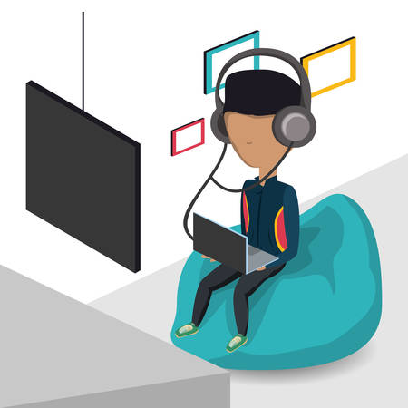Young Man With Headphones And Laptop Computer Sitting On A Bean Bag Chair Icon Colorful Design Young Man With Headphones And Laptop Computer Sitting On A Bean Bag Chair Icon Colorful Design