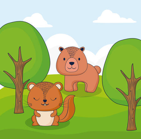 森の中にかわいいクマとリス カラフルなデザインベクトルイラスト のイラスト素材 ベクタ Image