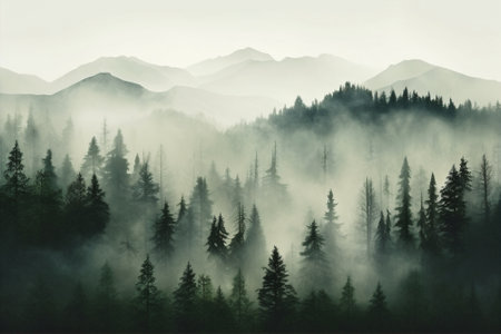 霧深い緑の森の木々のある風景。伝統的な東洋の水墨画墨絵、宇罪