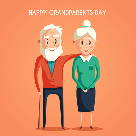 幸せな祖父母です ベクトル漫画のイラスト 敬老の日 おじいちゃんとおばあちゃんに立って完全な長さの笑顔します 高齢者のカップル 大好きです のイラスト素材 ベクタ Image