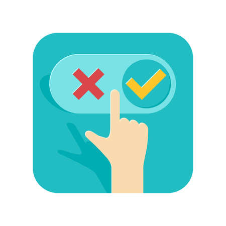Making decision concept - right or wrong option choosing icon - hand and switcher with check (yes) and cross (no) marks - isolated vector element Vector Illustration