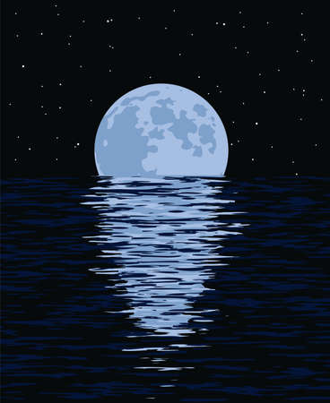 夜の海と満月のベクトル背景 波状の海水の月光の反射と黒い空の星のイラスト 月と海の美しい自然景観 のイラスト素材 ベクタ Image 夜の海と満月のベクトル背景 波状の海水の月光の反射と黒い空の星のイラスト 月と海の美しい自然景観 のイラスト素材 ベクタ Image