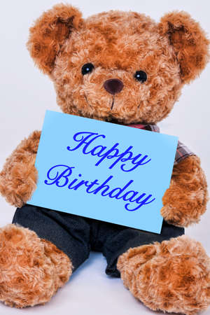 cute teddy bear holding a blue sign that reads happy birthday
