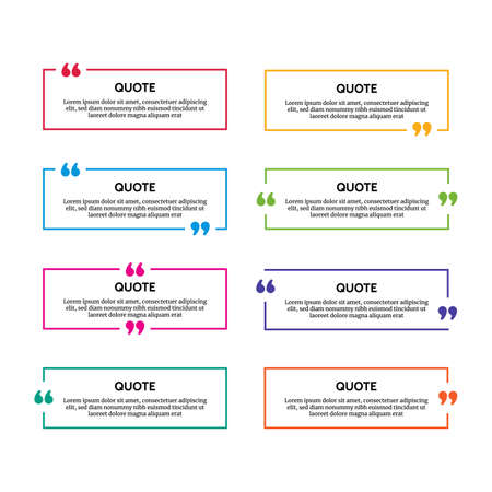 Set of eight multicolor rectangular quote box frames isolated on white background. vector illustration Фото со стока