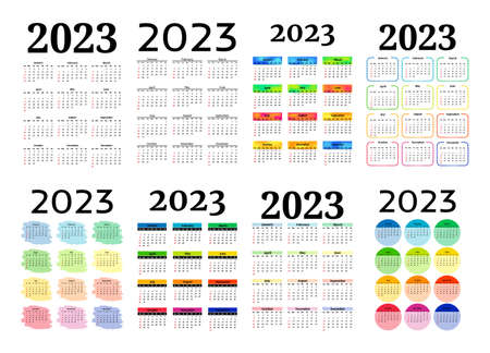 Set of eight vertical calendars for 2023 isolated on a white background. sunday to monday business template. vector illustration