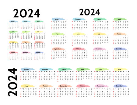 Set of three calendars for 2024 in different forms isolated on a white background sunday to monday business template vector illustration