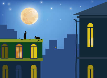 Moonlight lanterns: Mèo trong ánh trăng trên những mái nhà của thành phố
