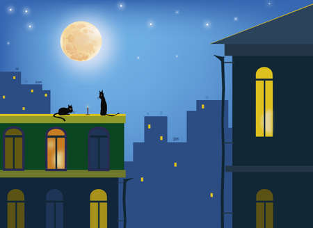 Moonlight lanterns: Cats Сats in the moonlight on the roofs of the city