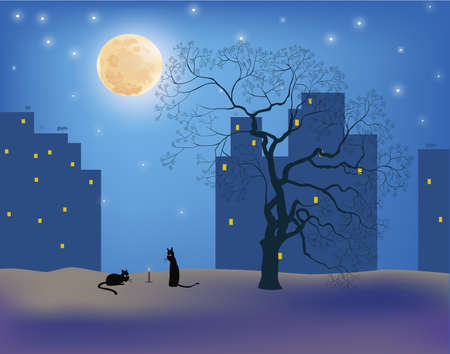 Moonlight lanterns: Сats in the moonlight on the roofs of the city Hình minh hoạ