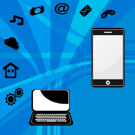 laptop and mobile phone process of upload and download vector