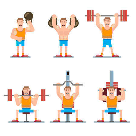 Set of sports character. the person in the gym warms up and does exercises on the simulators, with weights and a barbell. vector illustration in a flat style