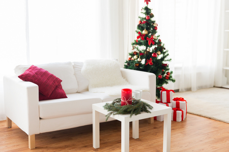 holidays celebration decoration and interior concept sofa table and christmas tree with - Christmas Decorations For Sofa Table holidays celebration decoration and interior concept sofa table and christmas tree with - Christmas Decorations For Sofa Table