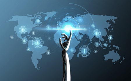 Ciencia, tecnología de futuro y concepto de progreso - robot de mano tocando luz láser en proyección de mapa mundial sobre azul Foto de archivo - 89002142