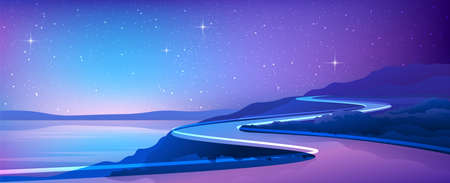 Realistic colorful night landscape. long winding road is located near the lake and mountains.