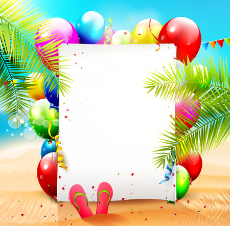 Summer beach party background with empty paper and colorful balloons on the beach