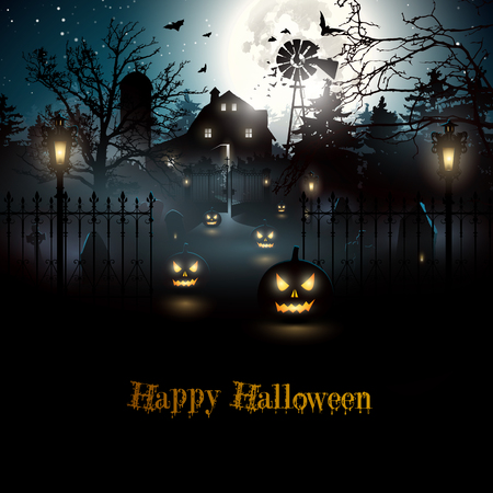 scary graveyard and farmhouse in the woods halloween background illustration