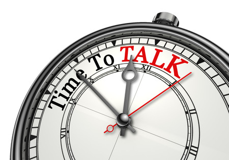 Time to talk red word on concept clock, isolated on white background