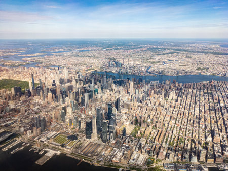 Aerial cityscape of skyscrapers in midtown manhattan new york city facing east