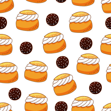 Seamless pattern from traditional swedish sweets semla and chokladboll. vector cartoon background