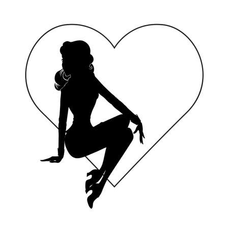 vector silhouette of sexy pin up girl sitting in heart shape frame isolated on