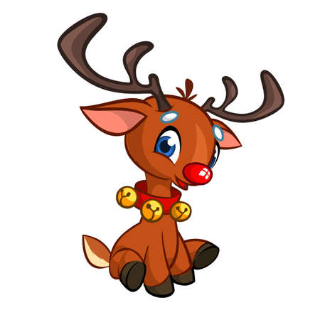 面白い漫画の赤い鼻トナカイのキャラクターは 彼の首と座っているクリスマスベクトルイラストを着用し ベルを身に着けている のイラスト素材 ベクタ Image