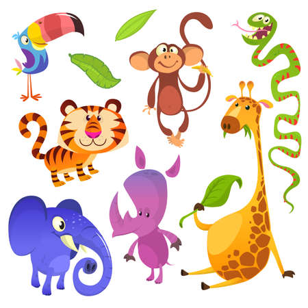 Cartoon tropical animal characters. wild cartoon cute animals collections vector. big set of cartoon jungle animals flat vector illustration. toucan, monkey, tiger, snake, elephant, rhino, giraffe Vector Illustration