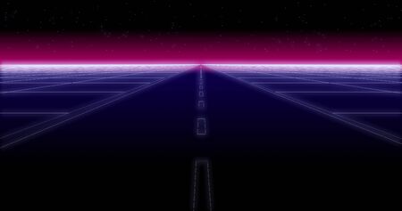 Synthwave road and stars retro background 3d render